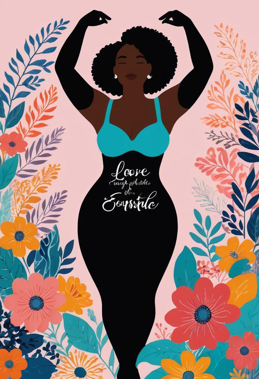 A celebration of diverse female body shapes, featuring multiple silhouettes in confident poses, surrounded by vibrant floral patterns and uplifting words like 'embrace' and 'love'. The background incorporates soft pastel colors to evoke warmth and acceptance, while emphasizing curves in a natural and artistic way. Hand-drawn elements to enhance the blog's personal touch. vibrant colors. pastel background. illustration.