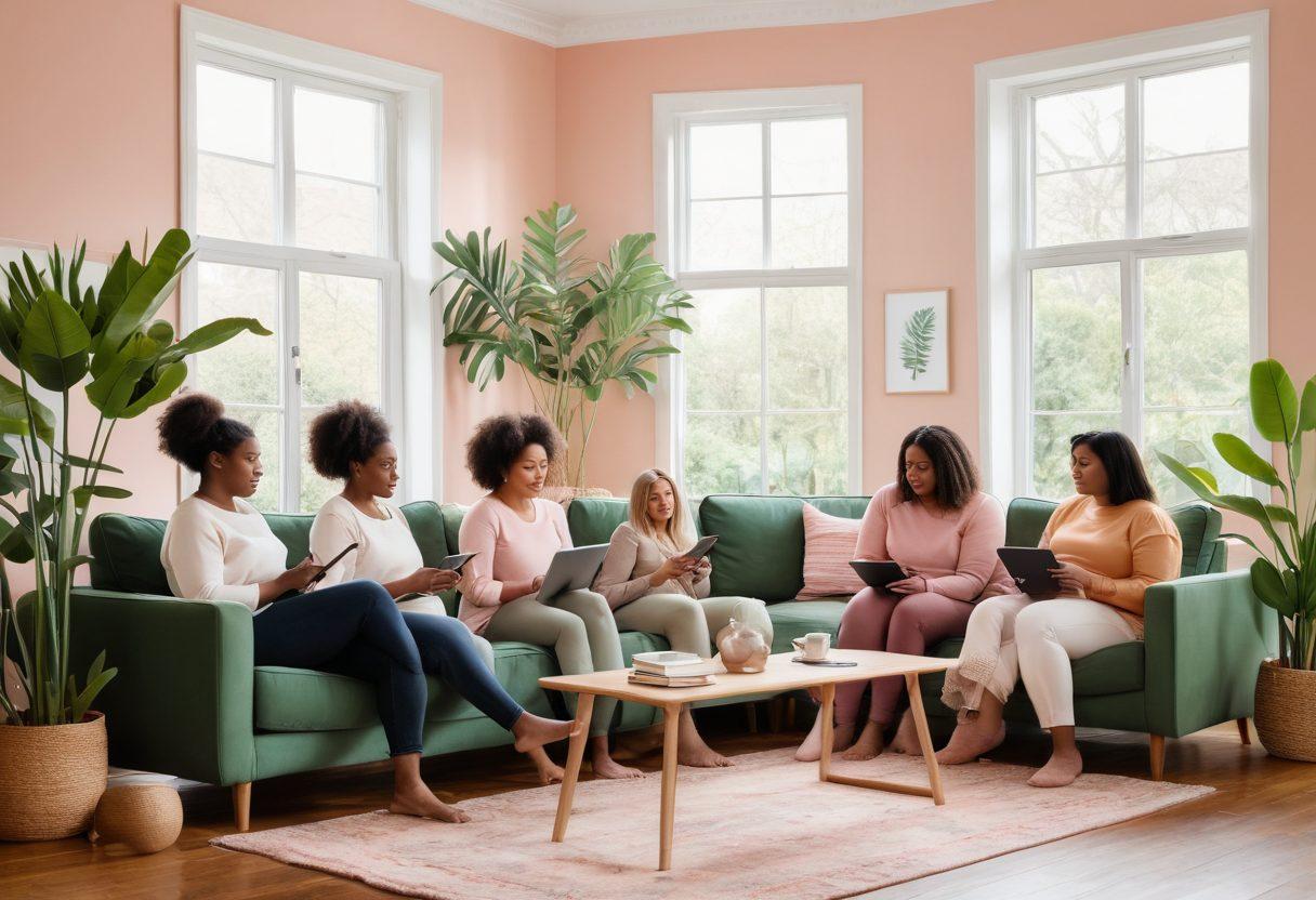 A diverse group of women of different body shapes and sizes engaging with their digital devices, sharing health tips and stories in a warm, inviting online community. The setting is a cozy living room filled with plants and books, symbolizing strength and health. The mood is uplifting and empowering, with a pastel color palette that incorporates soft pinks and greens. Illustrative style with a touch of minimalism. vibrant colors.