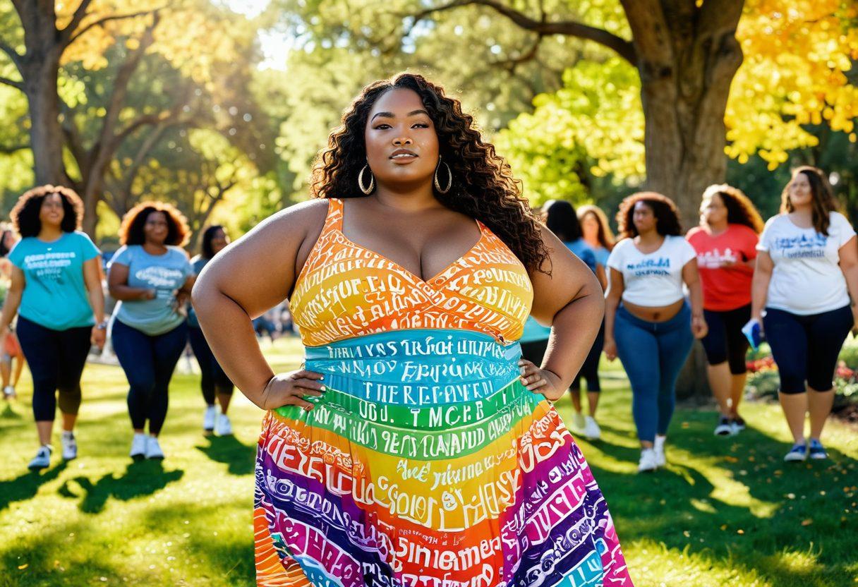 A confident plus-size woman standing tall in vibrant, flowing clothing that celebrates her curves, surrounded by an assortment of empowering quotes written in colorful typography. In the background, a serene park filled with diverse people enjoying life, symbolizing body positivity and acceptance. Sunlight streaming through the trees adds warmth to the scene. vibrant colors. super-realistic. uplifting atmosphere.